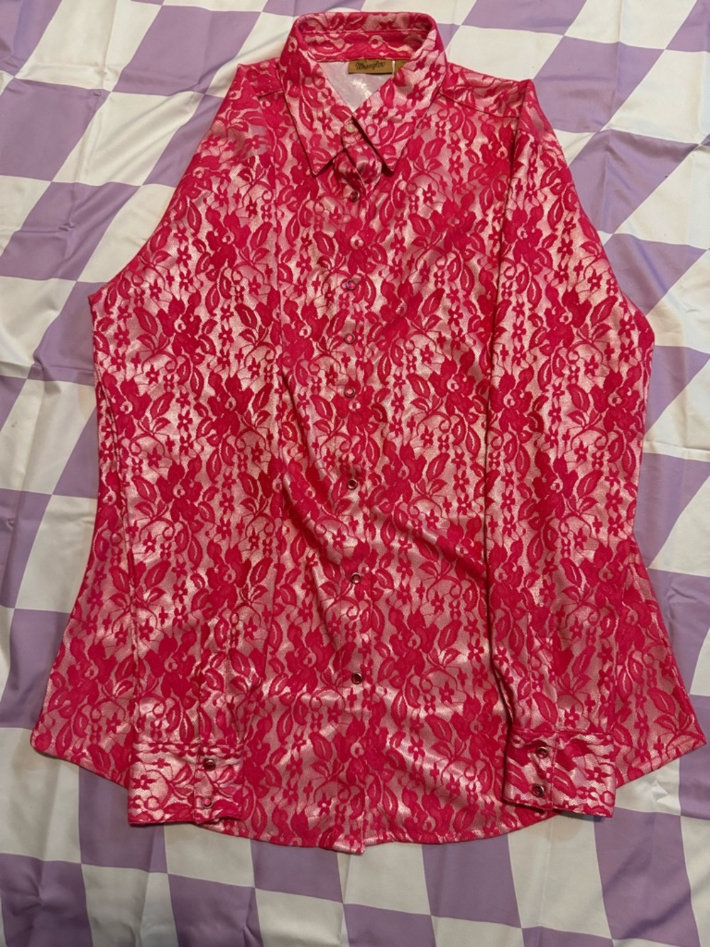 Wrangler Western Pink Lace Metallic Snap Front Shirt - Large - Y2K Glam - Picture 8 of 12